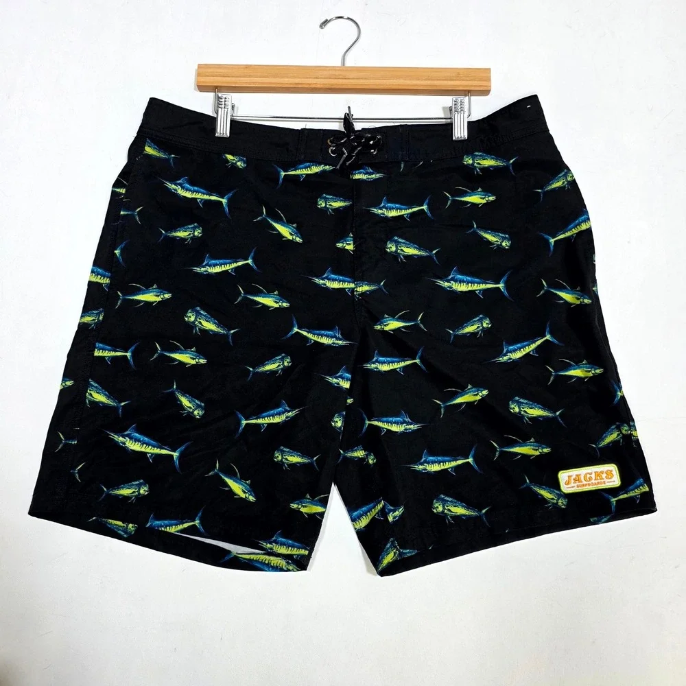 Jacks Surfboards Board Shorts Mens 36 Black Mahi Mahi Marlin Fish Print Trunks